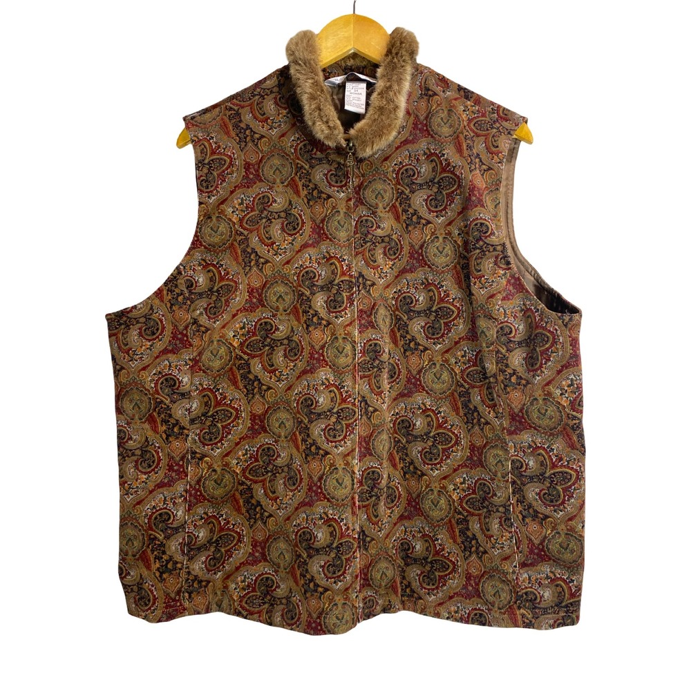 Napa Valley Woman Paisley Corduroy Vest Faux Fur 3X Fall Cabincore Western Boho